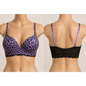 Rhonda Shear Large Molded Cup Wireless Lace Back Purple Leopard Bra